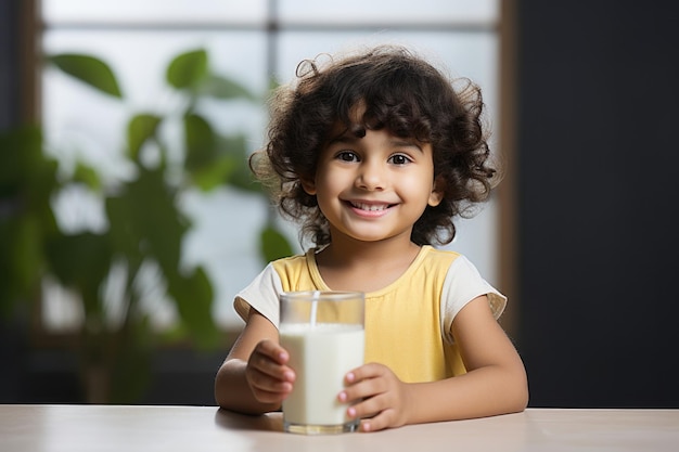 una linda niña india bebe leche en un vaso expresiones felices