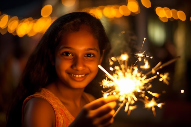 Una linda niña india disfrutando mientras quema brillo o fulzadi en ambas manos en la noche de Diwali