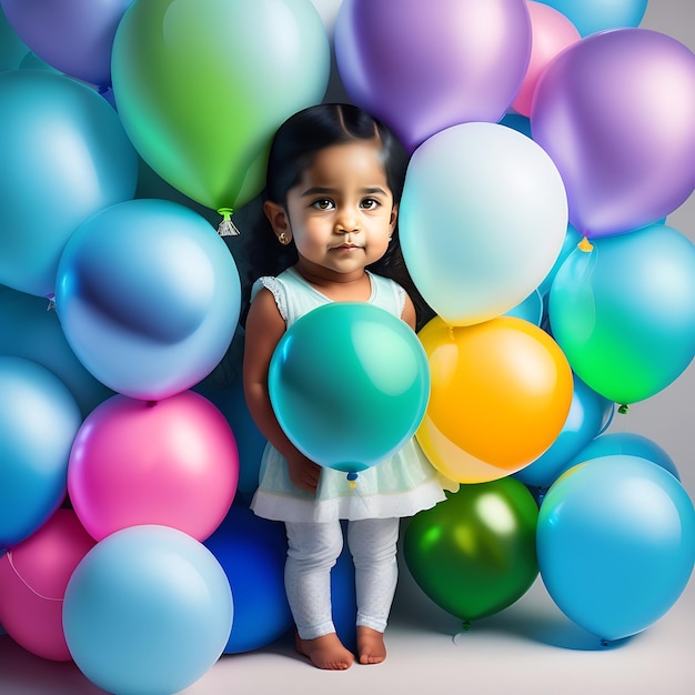 Una linda niña india está rodeada de globos