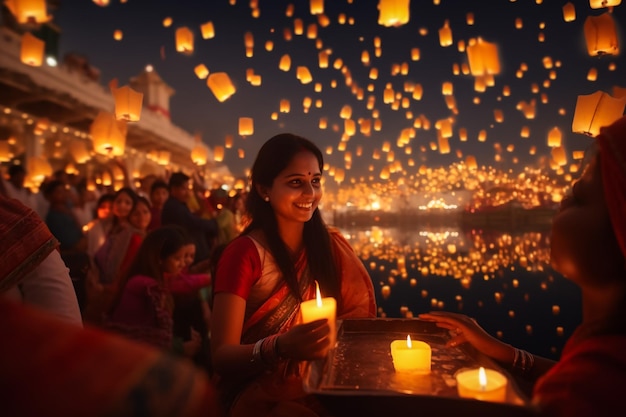 Una linda niña india con lámparas de aceite para la celebración de Diwali