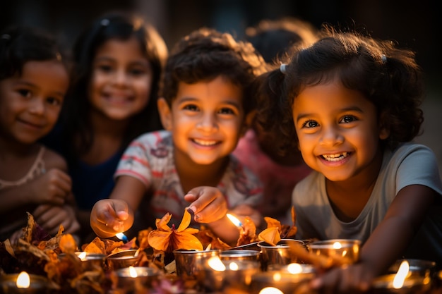Una linda niña india con lámparas de aceite para la celebración de Diwali
