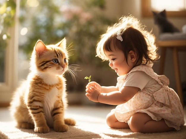 Una linda niña juega con el adorable Gato.