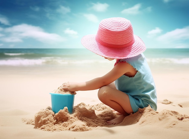 Una linda niña jugando con arena en la playa