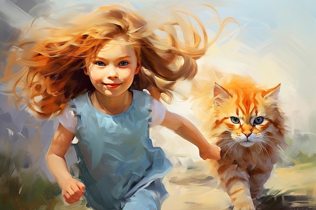 Linda niña pelirroja sonriente corre con gato Niño feliz y gatito estilo impresionismo