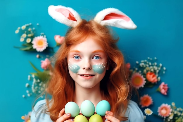 Linda niña pequeña con orejas de conejo sosteniendo huevos de Pascua en la cara sobre fondo azul IA generativa