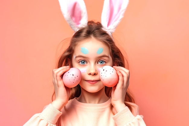 Linda niña pequeña con orejas de conejo sosteniendo huevos de Pascua en la cara sobre fondo rosa IA generativa