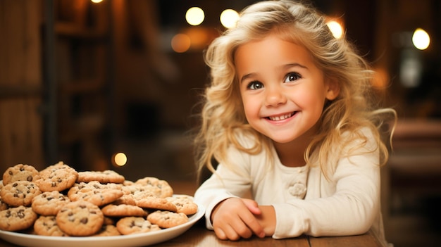 Linda niña pequeña rubia sonriendo mientras come chocolate