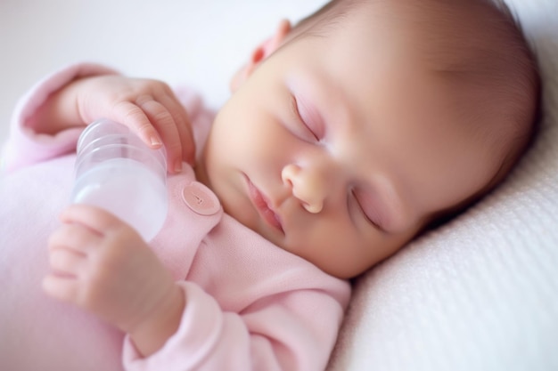 Linda niña recién nacida durmiendo con una botella de leche en sus manos IA generativa