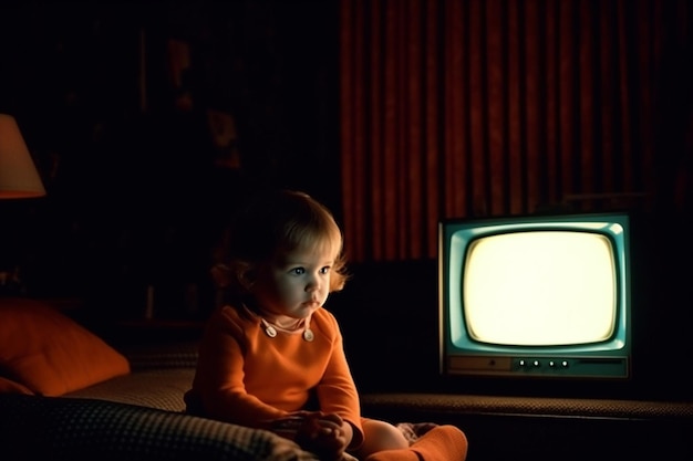 Foto linda niña sentada frente a un viejo televisor por la noche