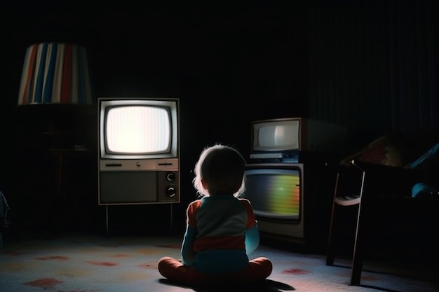Foto linda niña sentada frente a un viejo televisor por la noche