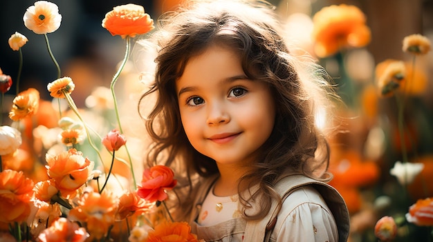 Linda niña sonriendo jugando al aire libre rodeada de naturaleza colorida