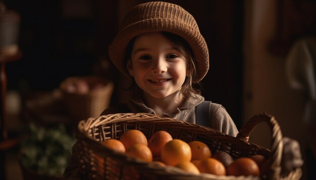 Una linda niña sonriendo sosteniendo una canasta de fruta fresca generada por IA