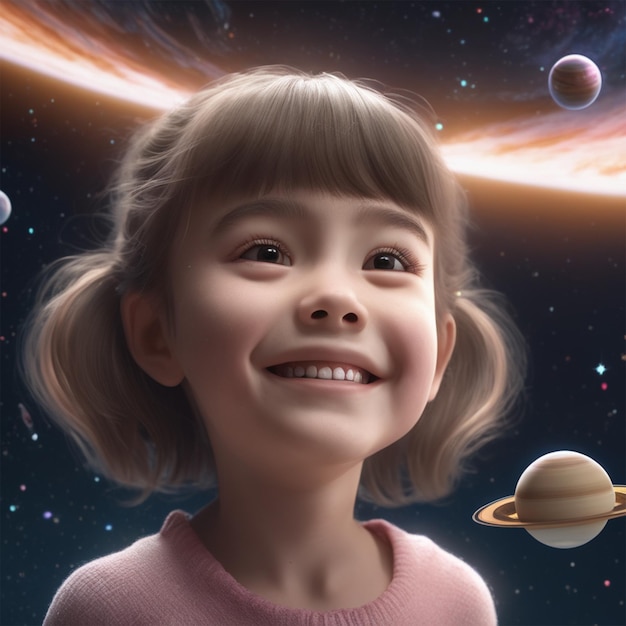 Linda niña sonriente en Saturno en la galaxia cerca del planeta y las estrellas Unreal Engine Lighting Artsta