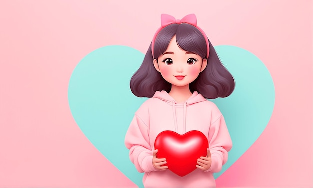 Linda niña sosteniendo un corazón de San Valentín frente a un fondo rosa pastel en estilo 3d