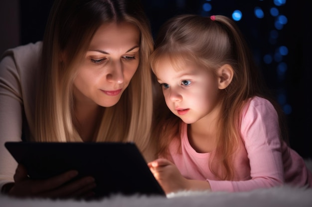 Una linda niña y su madre mirando juntas una tableta digital creada con ai generativa