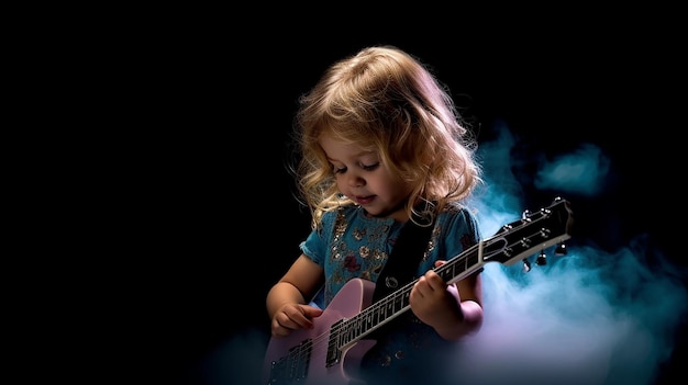 linda niña tocando la guitarra y fumando con fondo negro