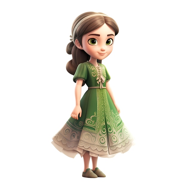 linda niña con vestido verde ilustración 3d aislada en blanco