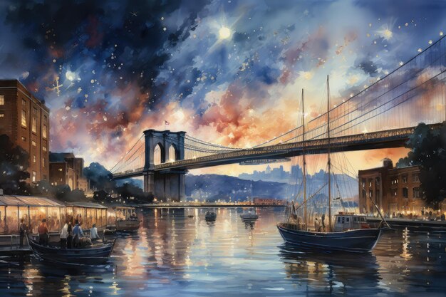 Linda noite colorida em Nova York. Ponte do Brooklyn, aquarela. Paisagem urbana. IA generativa