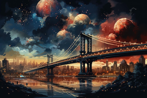 Linda noite colorida em Nova York. Ponte do Brooklyn, aquarela. Paisagem urbana. IA generativa