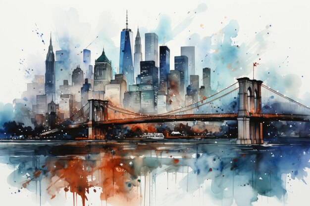 Linda noite colorida em Nova York. Ponte do Brooklyn, aquarela. Paisagem urbana. IA generativa