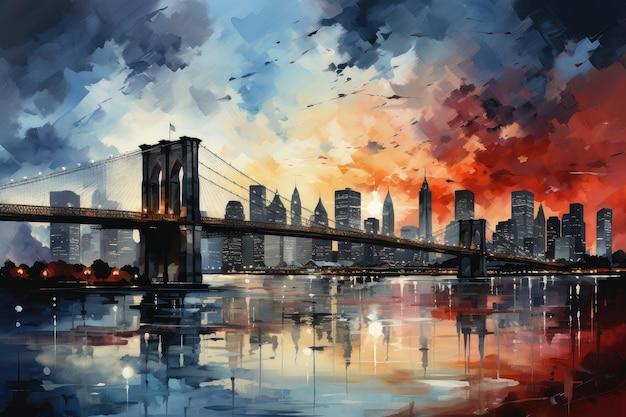 Linda noite colorida em Nova York. Ponte do Brooklyn, aquarela. Paisagem urbana. IA generativa