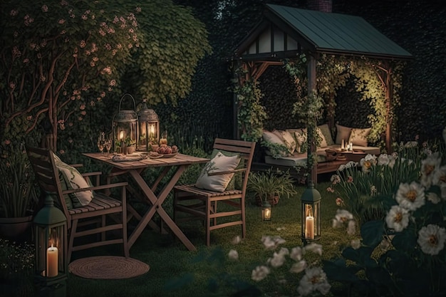 Linda noite de verão no jardim com móveis de madeira e quintal aconchegante