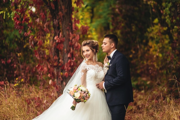 Linda noiva e noivo ao ar livre na floresta