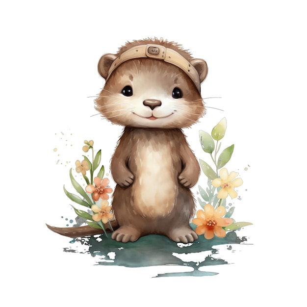 Linda nutria acuarela con flores y plantas boho ilustración