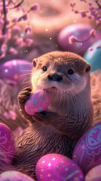 Foto una linda nutria bebé sosteniendo un huevo de pascua rodeado de huevos de pascua rosados y púrpuras