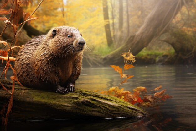 Foto una linda nutria en la orilla de un río de montaña en otoño un castor trabajando en su presa en un tranquilo arroyo del bosque