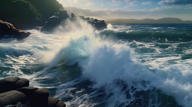 Linda onda oceânica ao pôr do sol com IA generativa