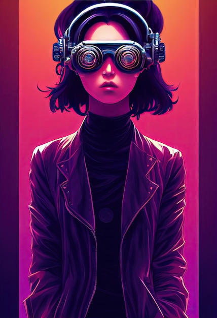 Linda onda retrô Cientista feminina com personagem metaverso de óculos Cyberpunk Conceito Arte digital