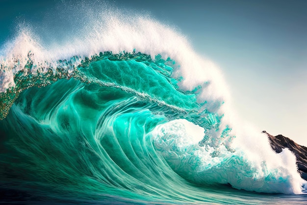 Linda onda turquesa quebrando contra o céu azul