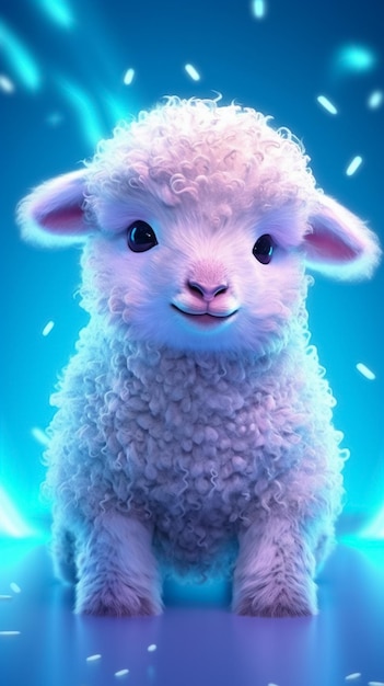 Una linda oveja esponjosa sobre un fondo de luces de neón azul