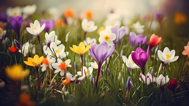 Linda paisagem colorida cheia de flores para a chegada da primavera Generative AI