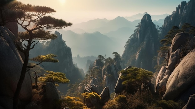 Linda paisagem das montanhas Huangshan ao nascer do sol na China Generative AI