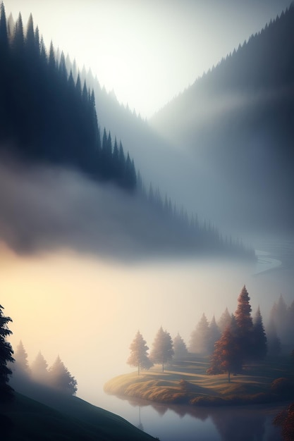 Linda paisagem de floresta enevoada Paisagem de floresta de fantasia Nevoeiro sobre o rio Névoa de fumaça e fumaça