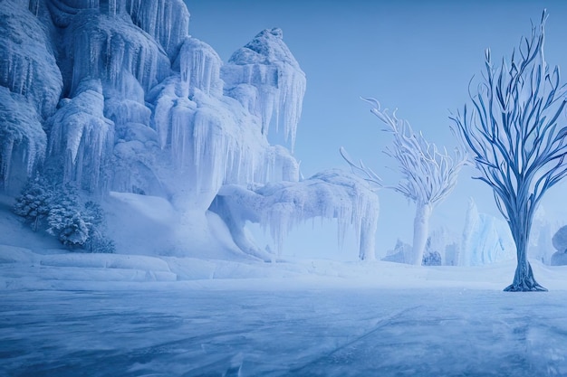 Linda paisagem de inverno, árvores mágicas, fundo de fantasia
