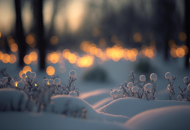 Linda paisagem de inverno com chão coberto de neve e luzes bokeh no fundo Generative Ai