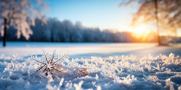 Linda paisagem de inverno com flocos de neve e sol ao fundo