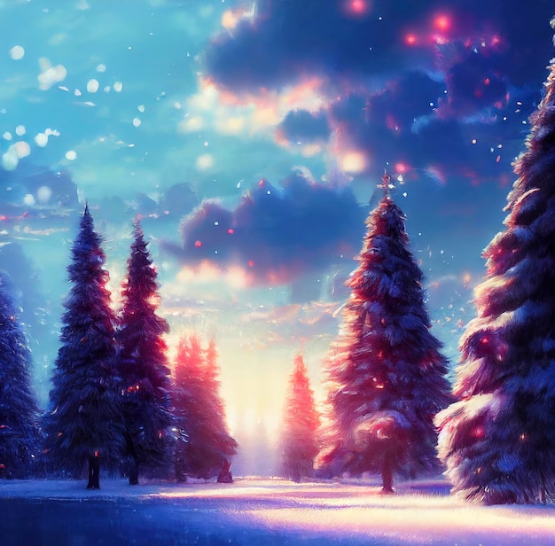 Linda paisagem de inverno com ilustração de paisagem de neve e pinheiros com tema de natal