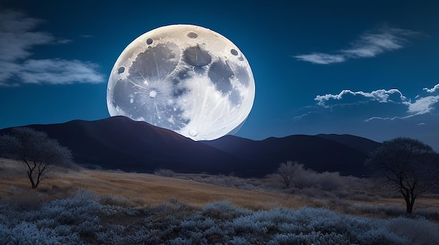 Linda paisagem de lua cheia com lua brilhante na floresta noturna