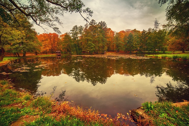 Linda paisagem de outono com reflexo no fundo sazonal do lago