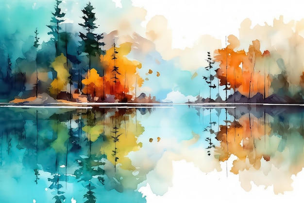 Linda paisagem de outono em aquarela com exuberantes árvores coloridas de outono