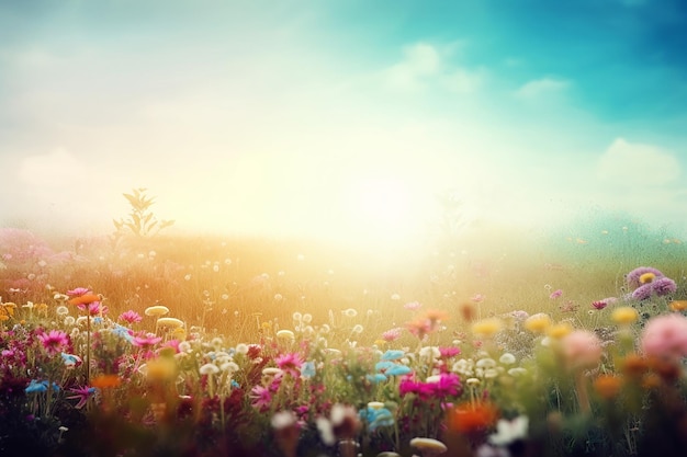 Linda paisagem de primavera verão com flores silvestres coloridas e luz suave da manhã Generative AI