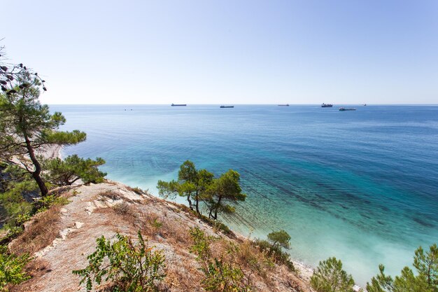 Linda paisagem de verão Vista das rochas da floresta e da costa marítima Gelendzhik Rússia Costa do mar Negro