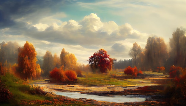 Linda paisagem floresta de outono folhas de laranja imagem pintada à mão