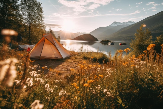 Linda paisagem matinal com barraca de acampamento ao nascer do sol Acampamento na floresta Generative AI