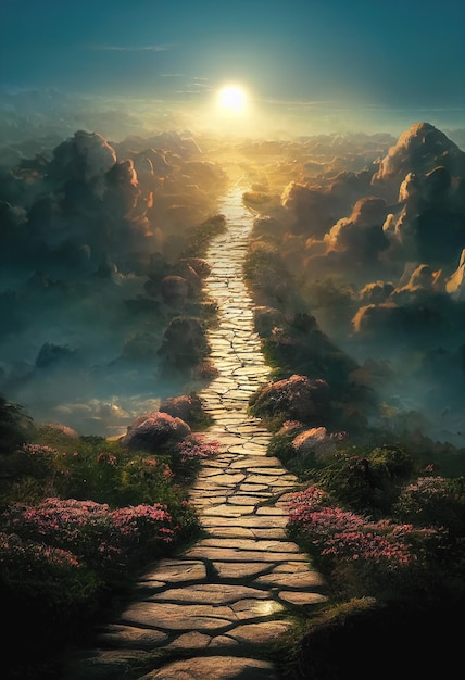 Foto linda paisagem misteriosa dramática com caminho espiritual para o céu ilustração 3d digital