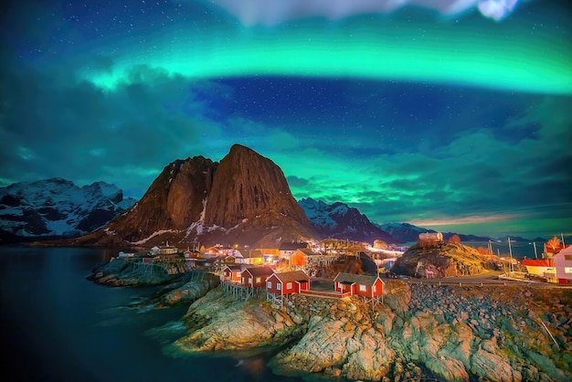 Linda paisagem natural de Lofoten na Noruega com luzes do norte